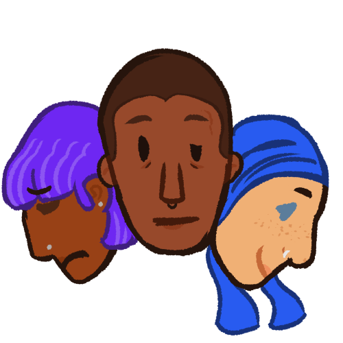 three faces next to each other, with one looking left, one looking right, and one looking forwards. the face on the left is sad, the one on the right is happy, and the one in the middle is neutral. the face on the left has brown skin and short purple hair with silver face piercings. the one in the middle has brown skin, shaved hair, an eye droop, and a septum piercing. the one on the right has pale skin, is wearing a blue veil with two tails, and freckles. 